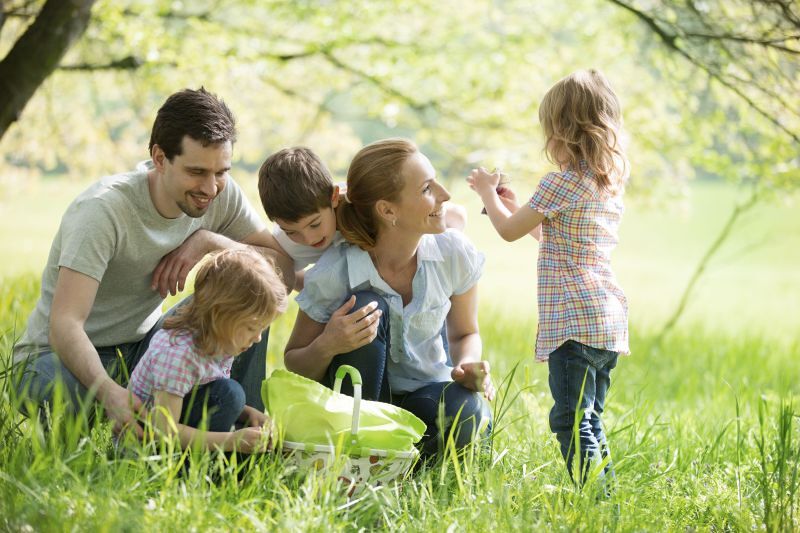 Familie rastet auf einer Wiese